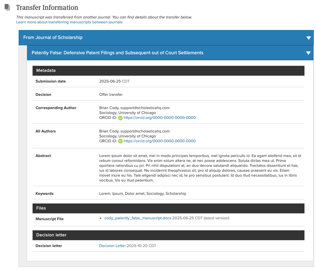 Screenshot of the Transfer Information area on the Manuscript Work Area