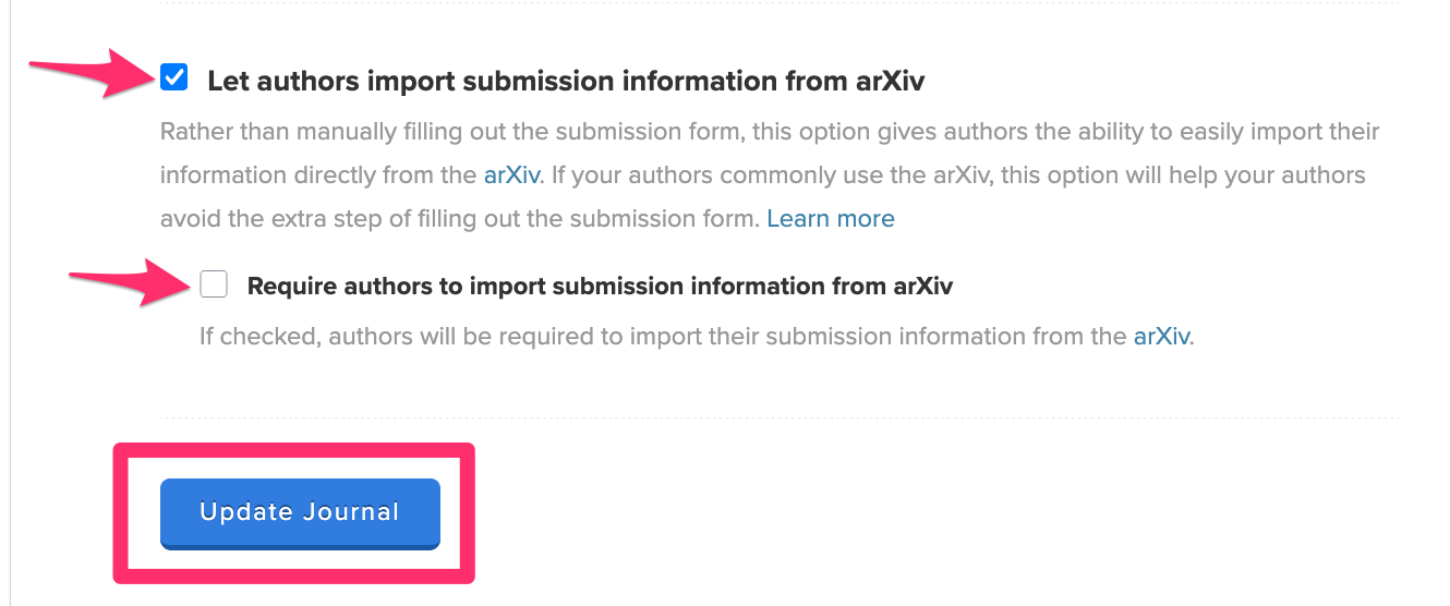 Screenshot of the arXiv upload option in the Peer Review settings. 
