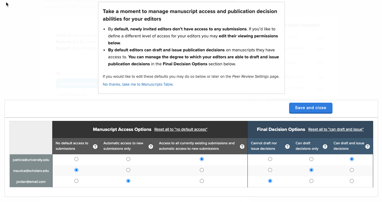 Screenshot of the editor invite table manuscript access options with publication decision abilities
