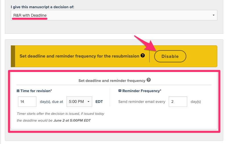 Decision create page showing that the revise and resubmit decision has been selected from the dropdown, showing a yellow alert bar with an optional