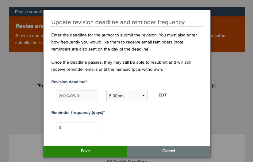 Update revision deadline and reminder frequency modal