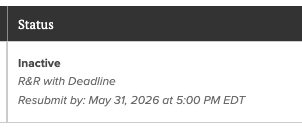 Status column in manuscript table showing a status of Inactive: R&R with Deadline, Resubmit by: May 31, 2026 at 5:00 PM EDT.