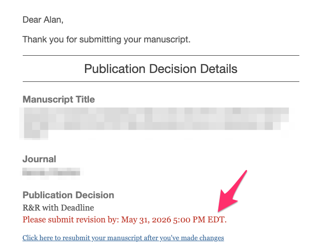 Decision letter in email inbox showing the resubmission deadline in the body of the email