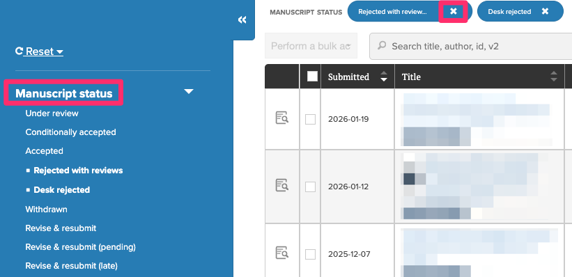 Screenshot of the filtering sidepanel. The Manuscript status dropdown is open and highlighted.