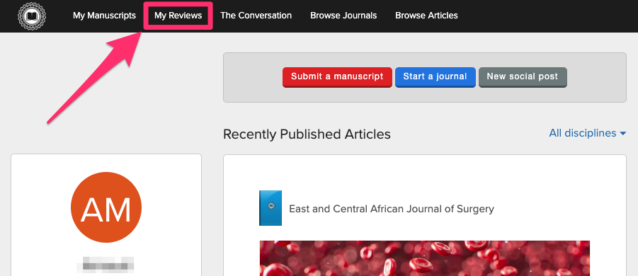 Scholastica dashboard with arrow pointing to the My Reviews navigation link