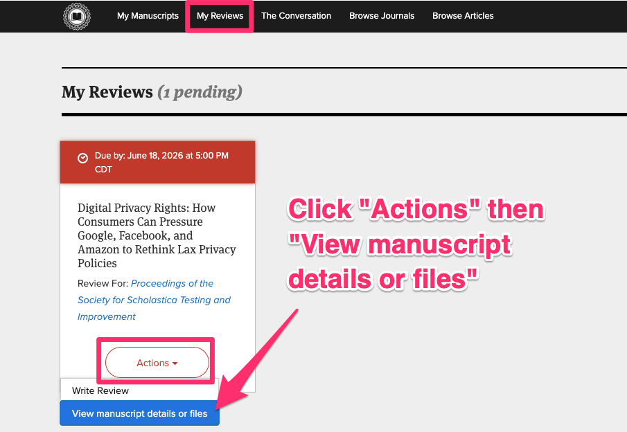 My Reviews page with Actions menu open, highlighting View manuscript details or files option