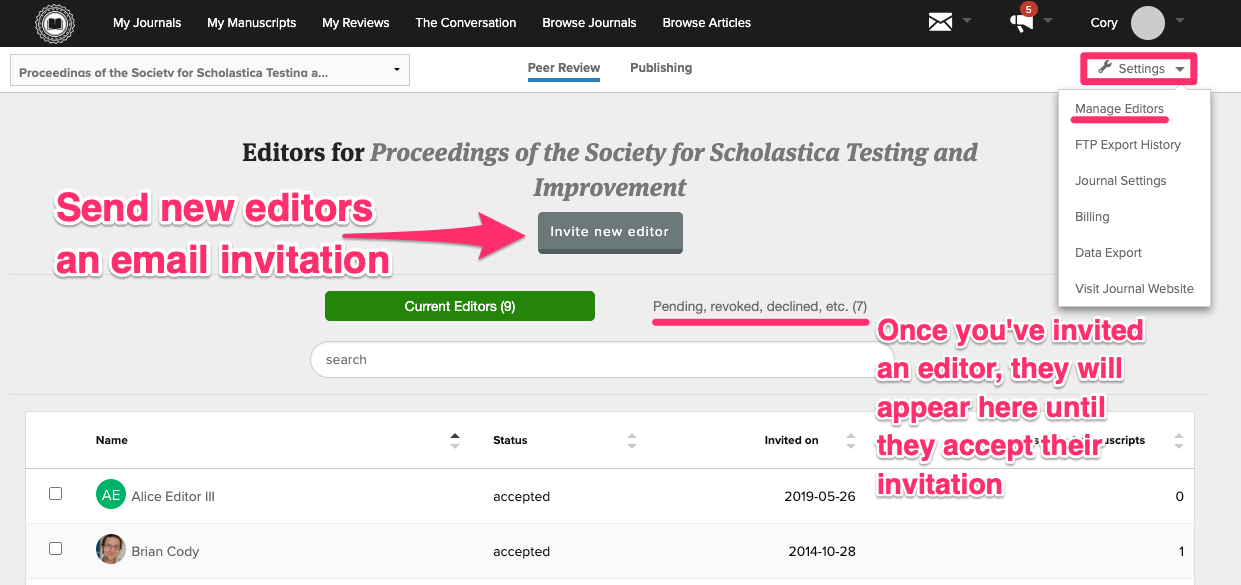 Editors page for a journal with an arrow pointing to the Invite new editor button