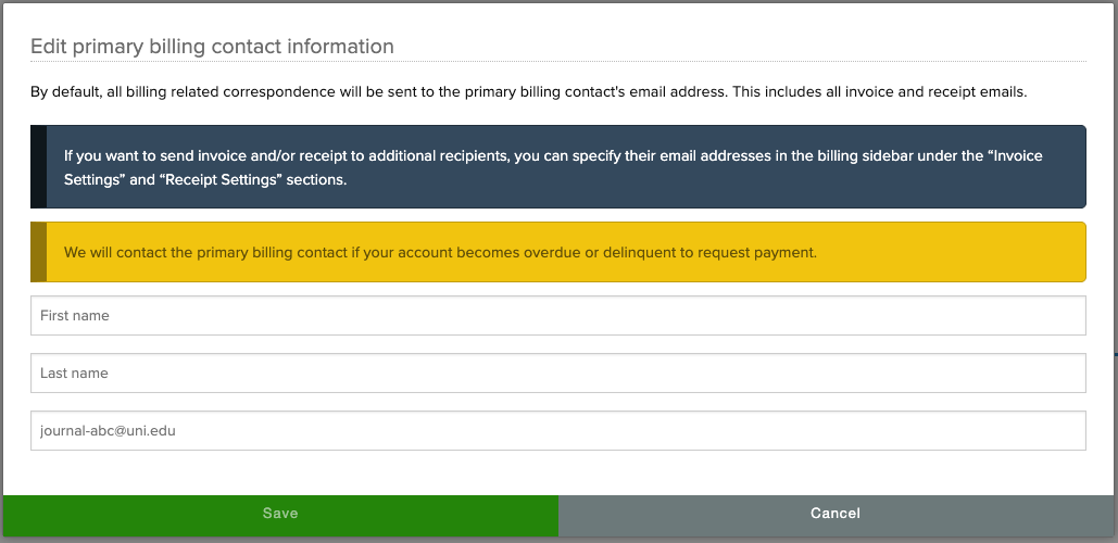 Primary billing contact modal with all fields empty