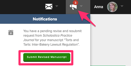 Notifications dropdown showing a revise and resubmit request with a Submit Revised Manuscript button