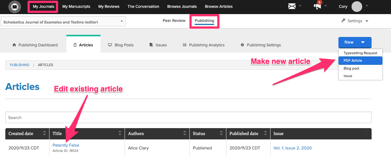 Articles table with an arrow highlighting the 