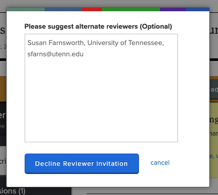 Modal dialog prompting the reviewer to optionally suggest alternate reviewers before declining the invitation