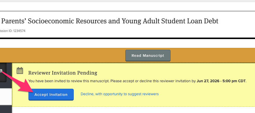 Manuscript work area with a pending reviewer invitation. There's an arrow pointing to the Accept invitation button.