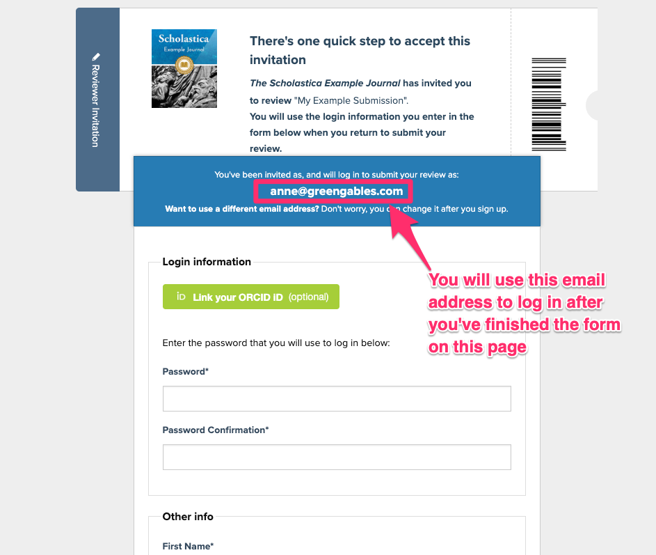 Reviewer invitation acceptance form for new users with pre-filled email address and registration fields