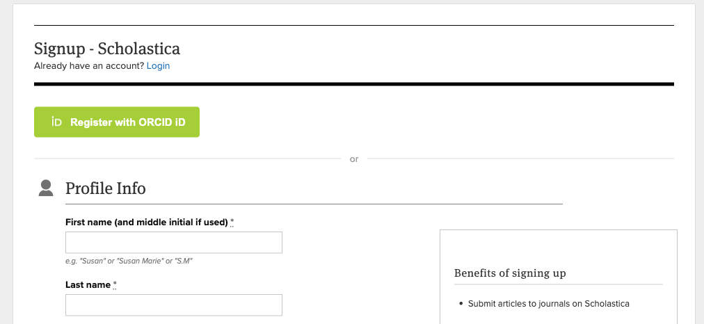 Scholastica signup form. The green