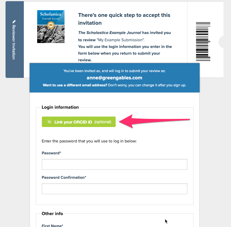 Sign up form generated from a reviewer invitation. There's an arrow pointing to the