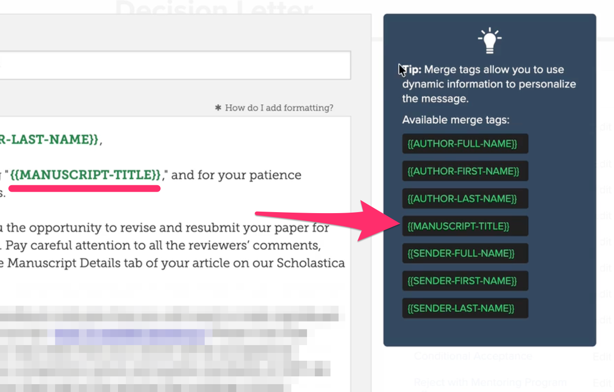 Decision template editor modal showing the text editor and available merge tags