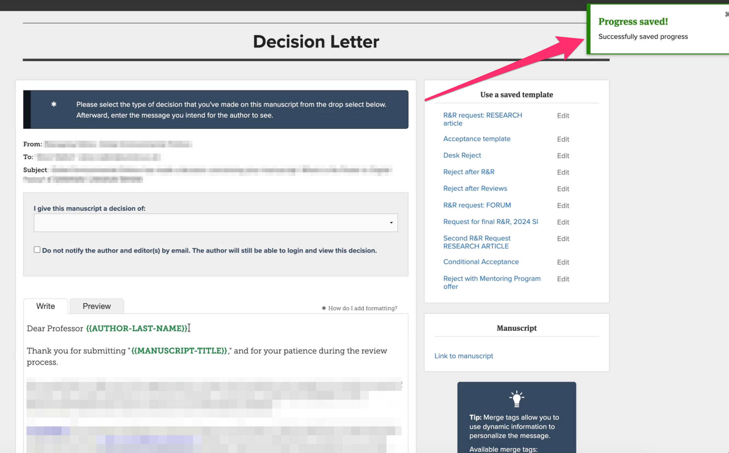 Screenshot of the decision letter with an arrow pointing to the 