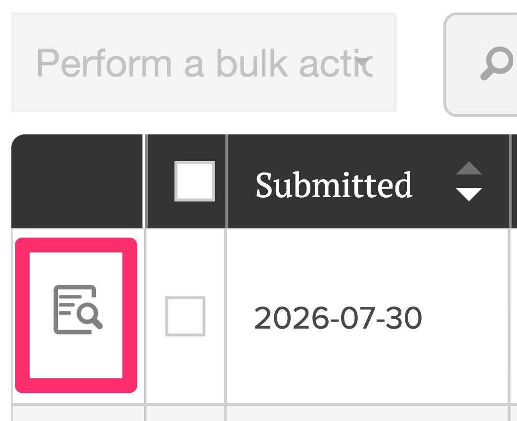 Screenshot of the manuscript table with the quick view icon highlighted