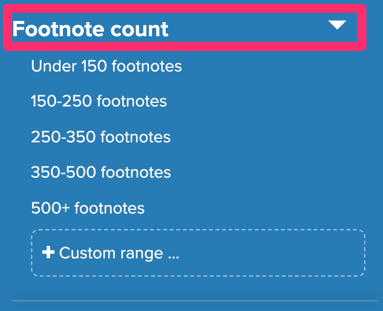 Approximate footnote filter. Available options are: Under 150 footnotes, 150-250 footnotes, 250-350 footnotes, 350-500 footnotes, 500+ footnotes, and Custom range.