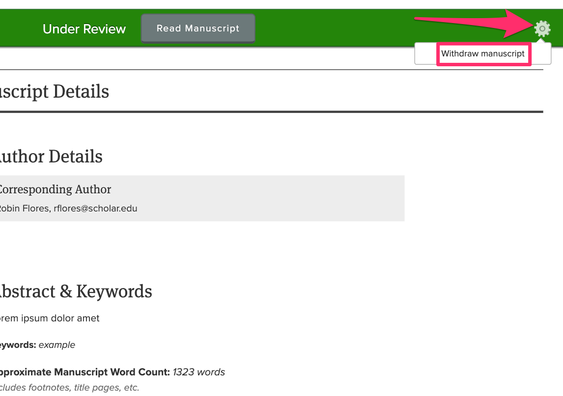 Manuscript work area with gear-shaped icon highlighted and the 