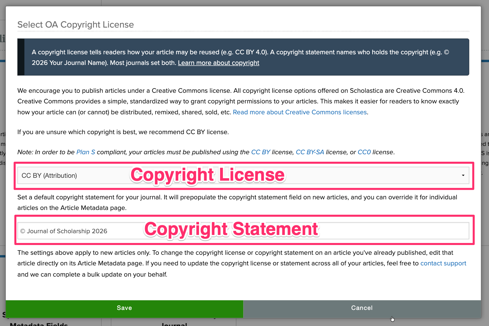 OA Copyright license modal with the Copyright License dropdown highlighted and the Copyright Statement field highlighted.