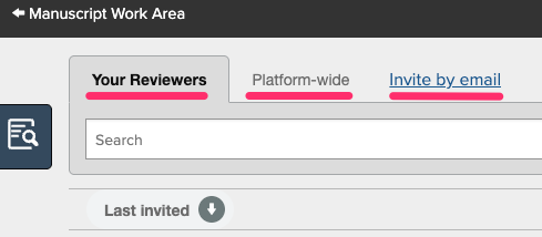 Invite reviewers screen with the three invitation search options underlined: Your Reviewers, Platform-wide, and Invite by email.