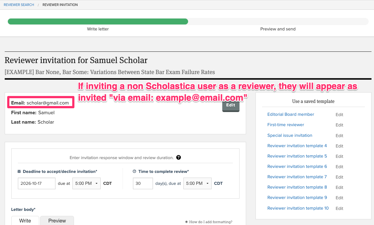 Send Reviewer Invitation form with the Non-Scholastica User tab selected, showing the email address input field