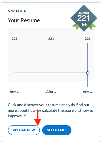 Users are prompted to explore how their score was calculated and view improvement suggestions. Buttons for uploading a new resume or viewing details support easy navigation.