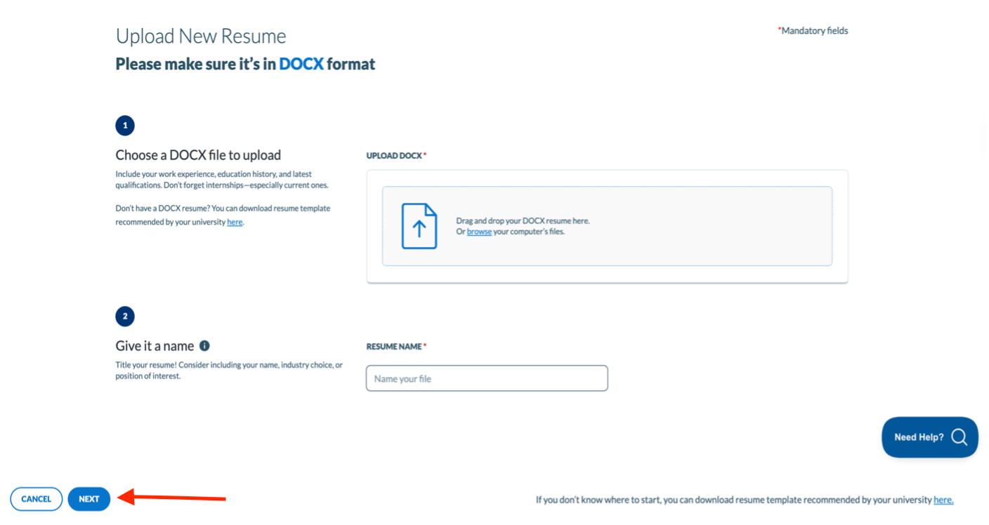 Upload interface for DOCX resumes with drag-and-drop functionality and a field to name the file. Users are guided to format correctly and can access a university-recommended template. Navigation buttons allow users to proceed or cancel the upload.