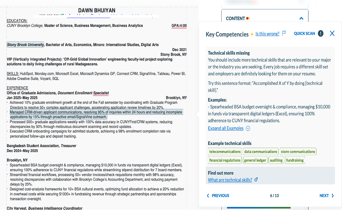 Resume interface showing education, experience, and skills alongside a sidebar of key competencies. The sidebar provides technical skill suggestions and phrasing examples to strengthen resume bullet points. Designed to help users align qualifications with job requirements.