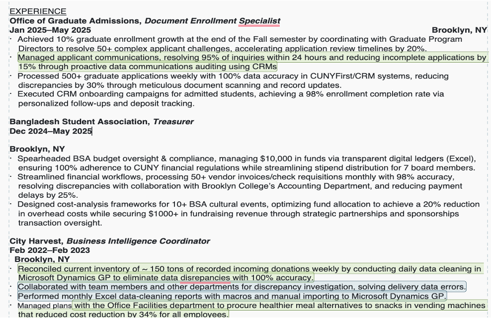 Resume interface showing detailed work experience across admissions, student leadership, and business intelligence roles. Responsibilities include CRM optimization, financial oversight, and data analysis. Designed to showcase professional achievements and technical competencies for career advancement.