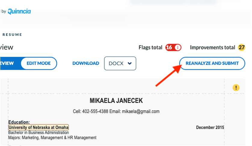 Resume review interface showing education and contact details, with indicators for flagged issues and suggested improvements. Users can edit, download, or reanalyze the resume to enhance ATS compatibility. Designed to guide users through targeted resume enhancements.