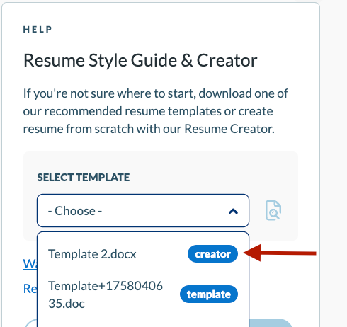 Select Template with red arrow pointing to 'Creator' template on options menu.