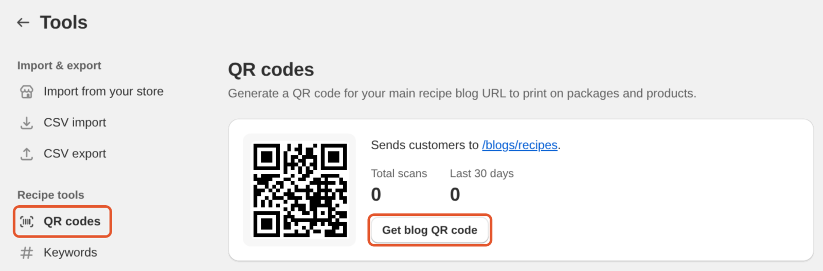 The QR codes tool in Recipe Kit, with the Get blog QR code button