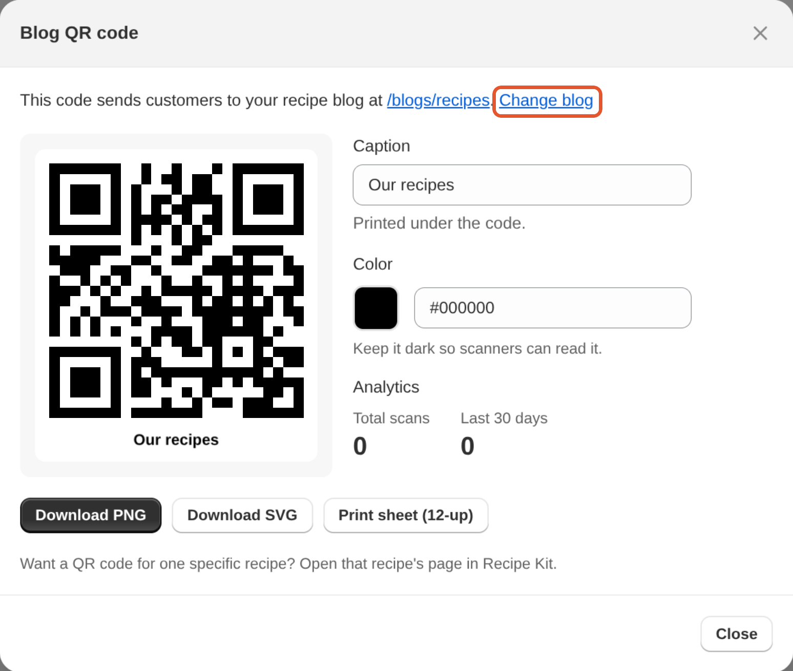 The Blog QR code window, with the caption, color, scan counts and download buttons