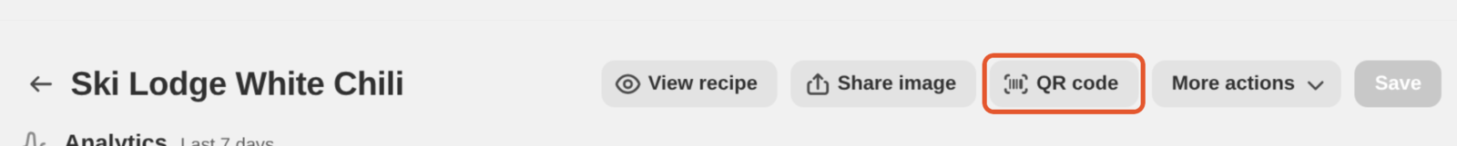 The QR code button at the top of the recipe editor