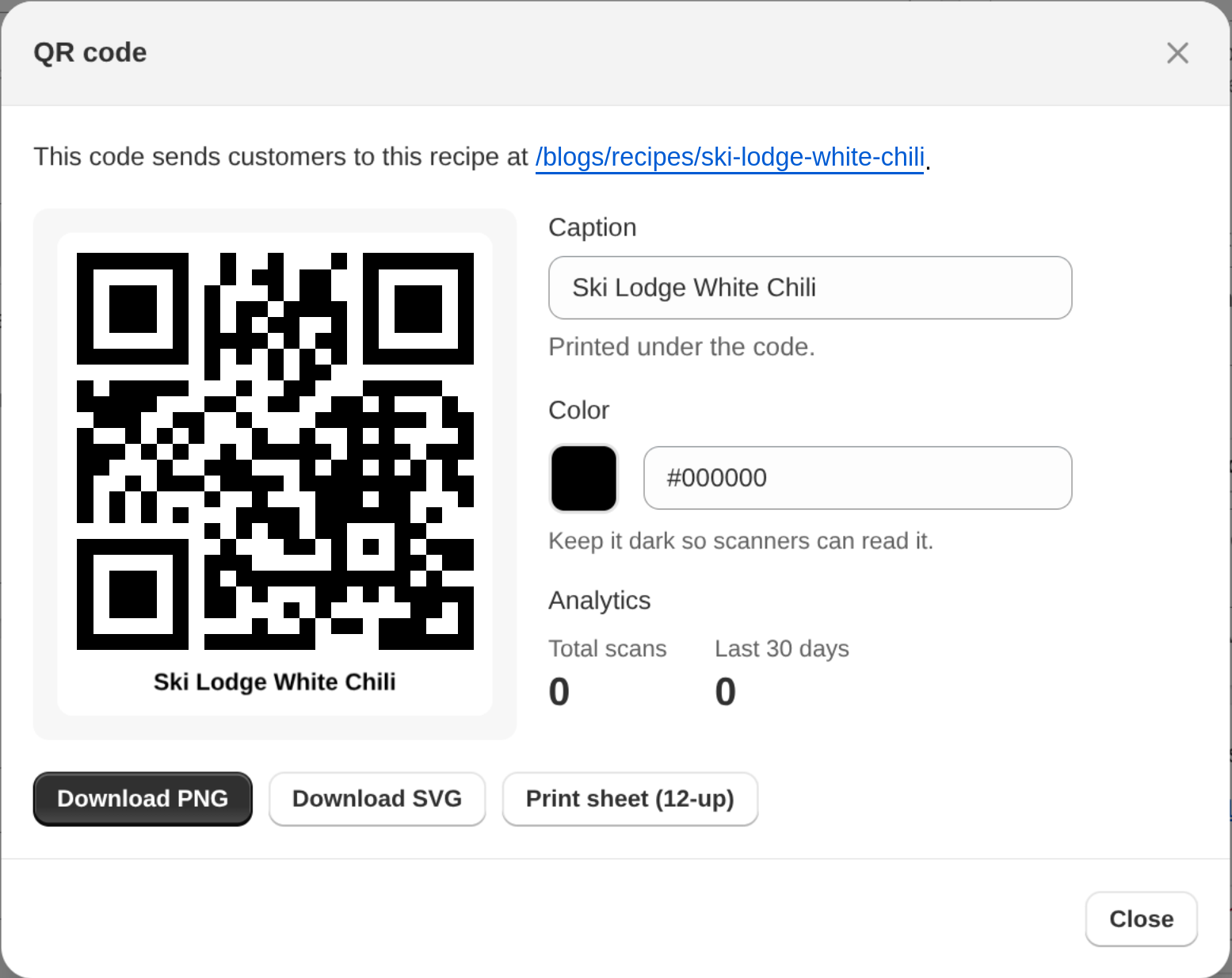 The recipe QR code window