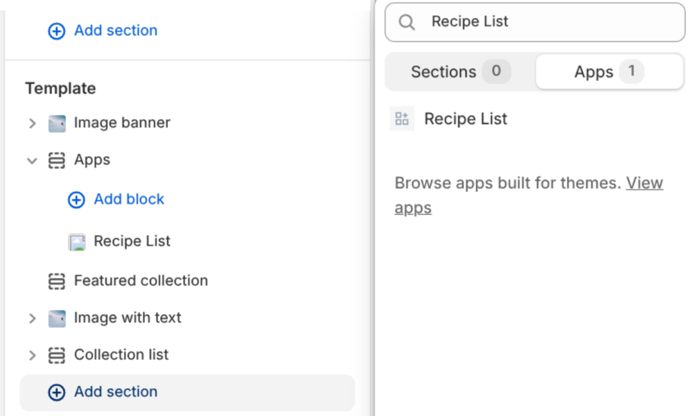 The Add section menu in the theme editor, searching for Recipe List under Apps