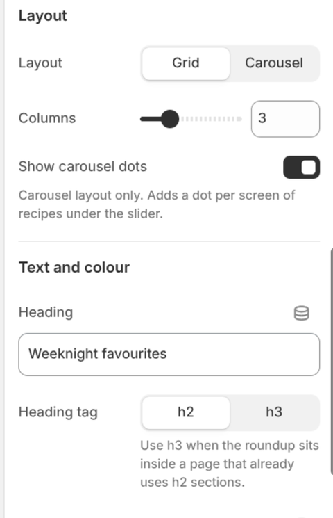 The Layout and Text and color settings of the Recipe List block