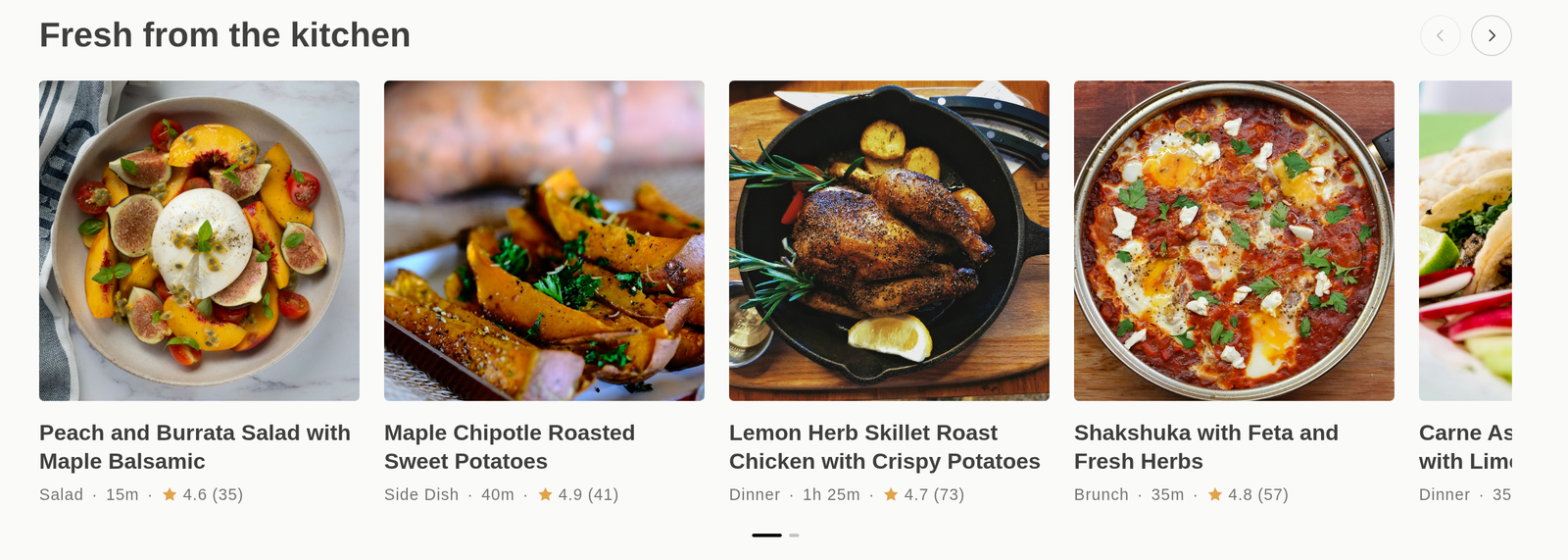 A Recipe List carousel with arrow buttons beside the heading and dots under the row