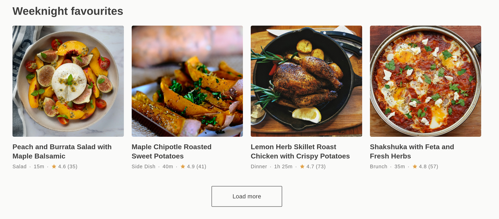 A Recipe List in a four-column grid on a store's home page