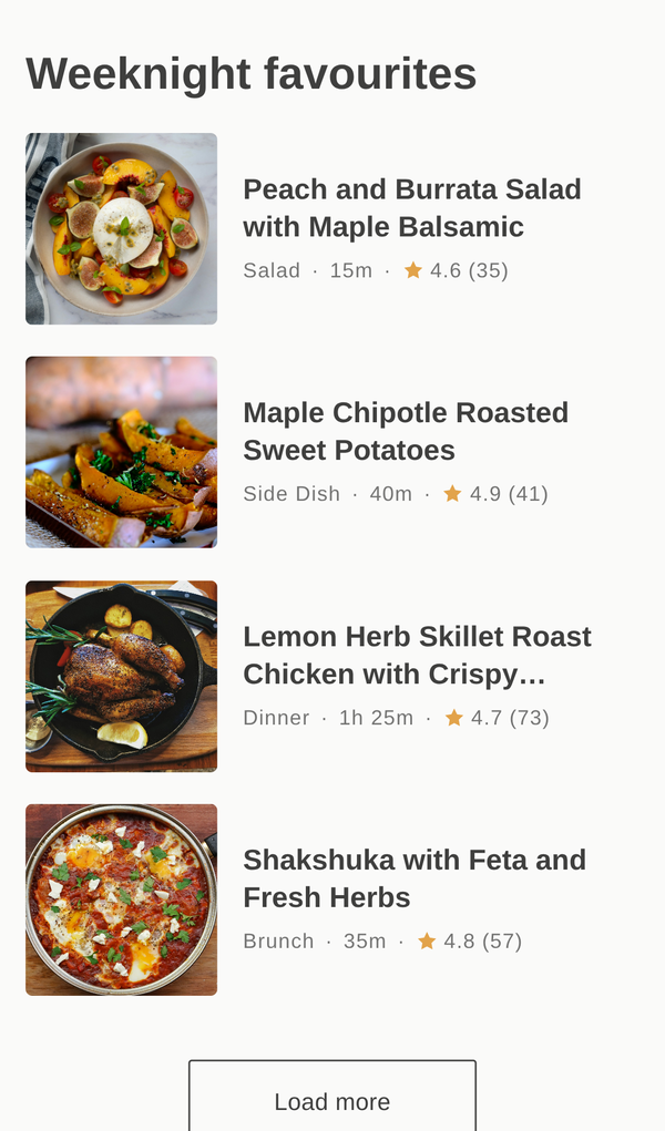 A Recipe List on a phone, showing each recipe as a row with a small photo, title and details