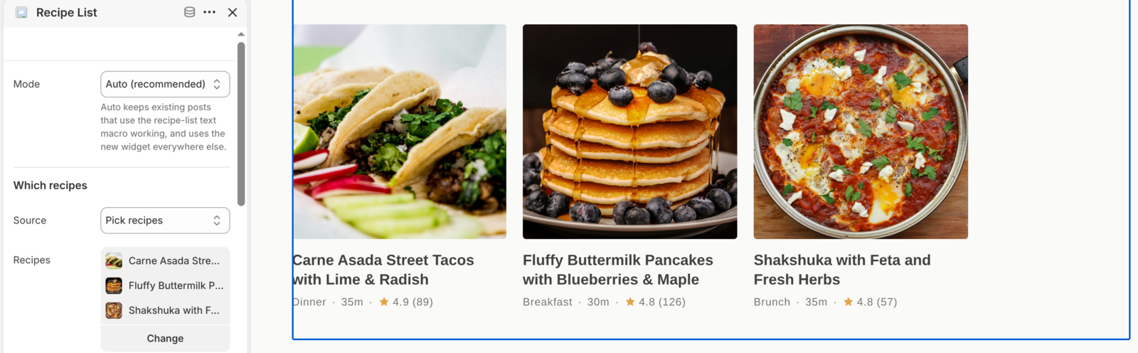 The Recipe List settings with Source set to Pick recipes, three recipes chosen, and the preview showing those three recipes