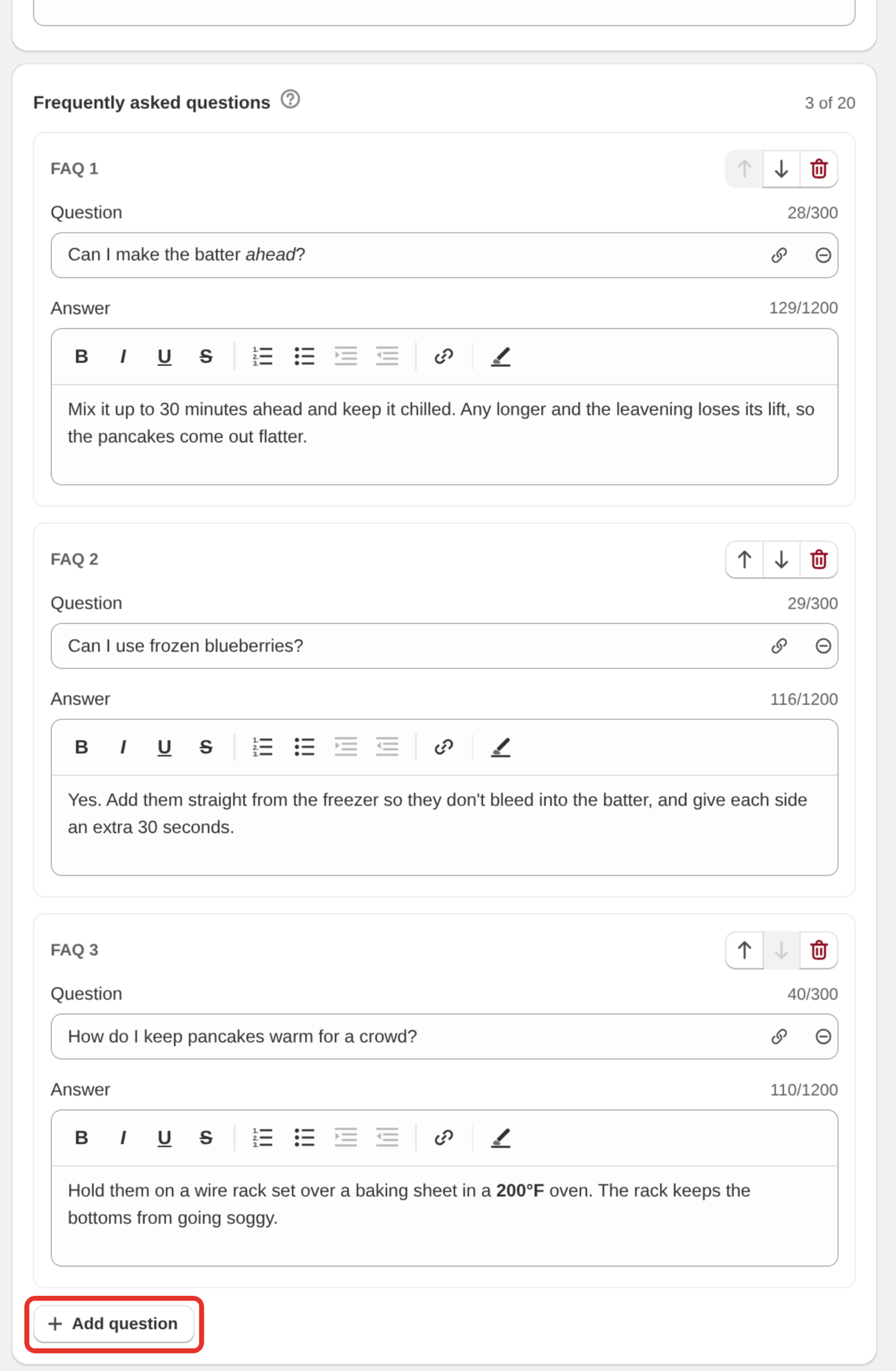 The Frequently asked questions section in the recipe editor, with three questions filled in