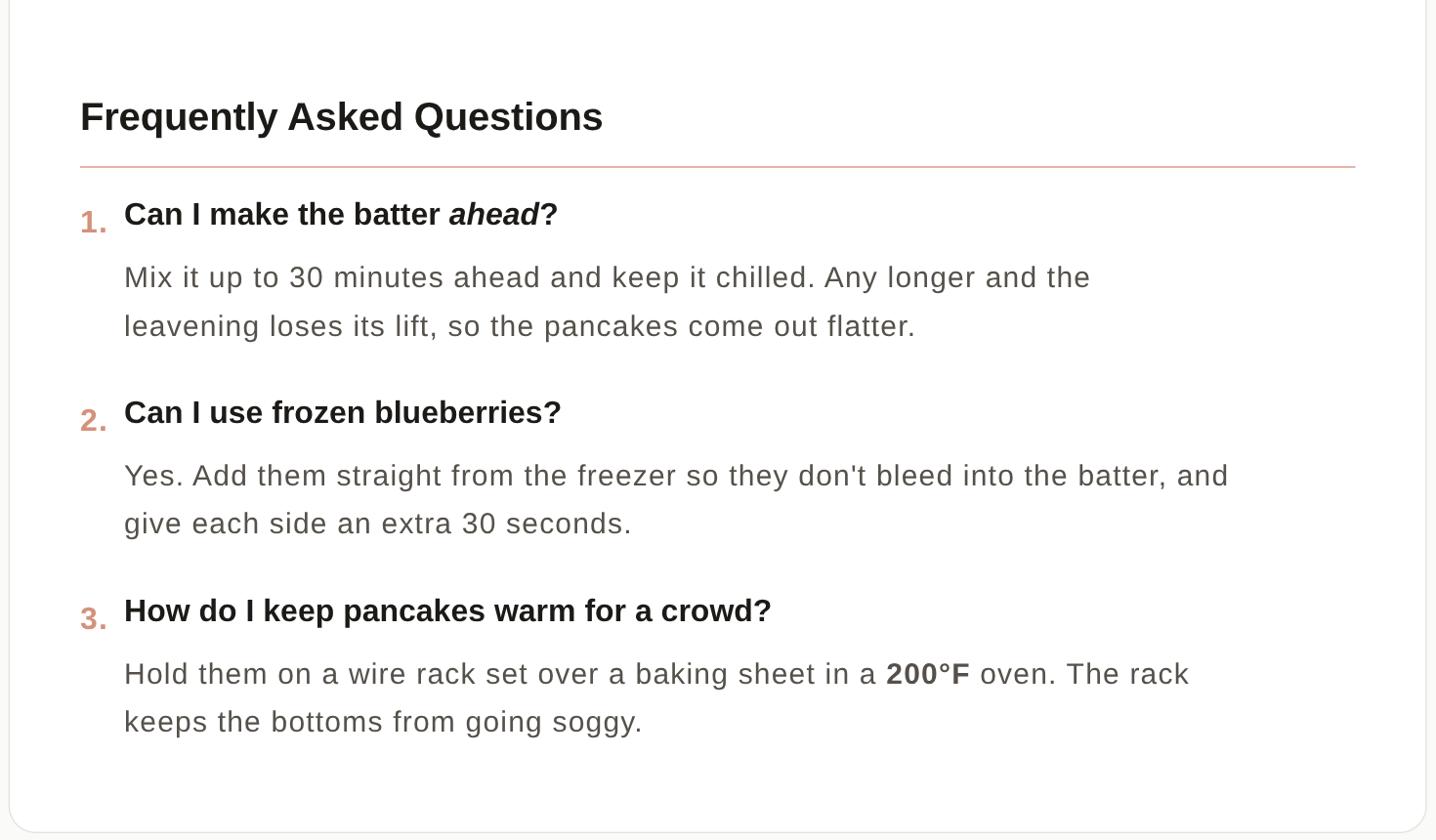 The Frequently Asked Questions section on a recipe card