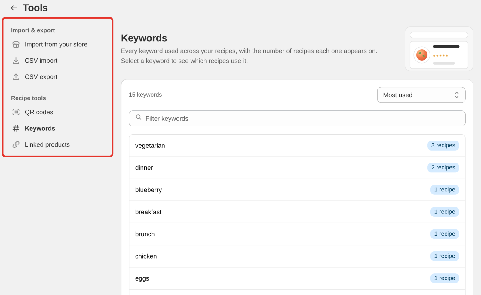 The Tools page with the tool list on the left, grouped under Import & export and Recipe tools, and the Keywords tool open