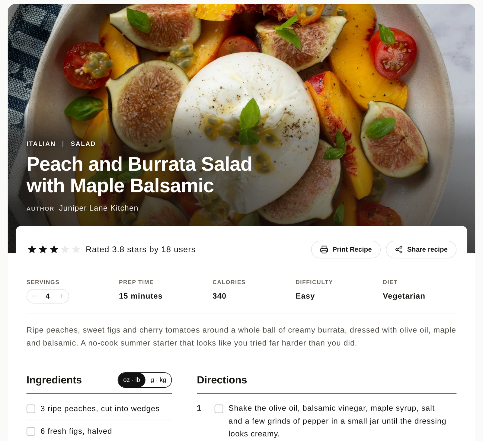 A blog post with the Recipe Kit card in the Hero layout, with a full-width photo with the recipe title over it, then times, servings and ingredients