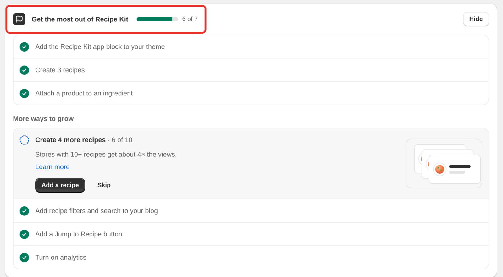 The Recipe Kit home page with the Get the most out of Recipe Kit setup guide open, listing the steps left to do