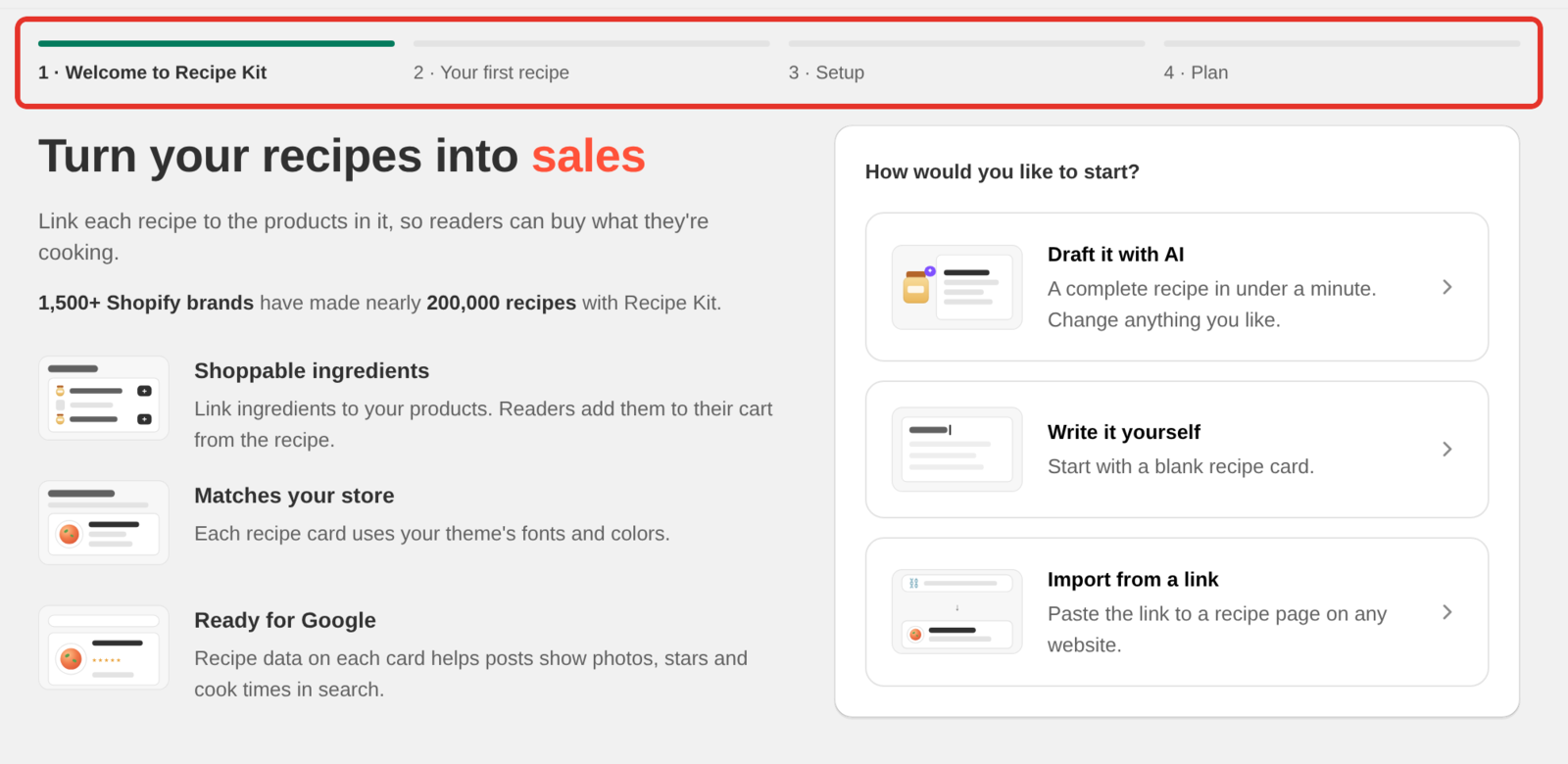 The first guided setup screen, with the four-step bar across the top reading Welcome to Recipe Kit, Your first recipe, Setup and Plan