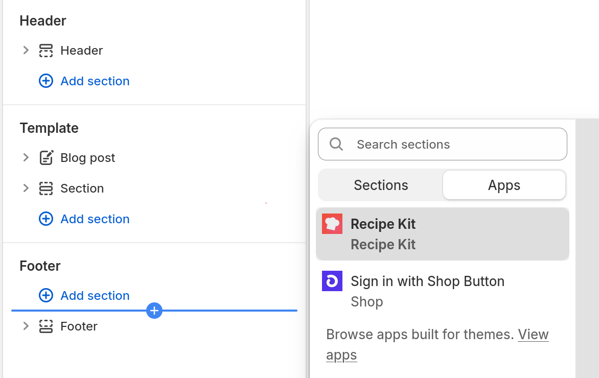 The theme editor's Add section panel open on the Apps tab, with Recipe Kit listed under the blog post template